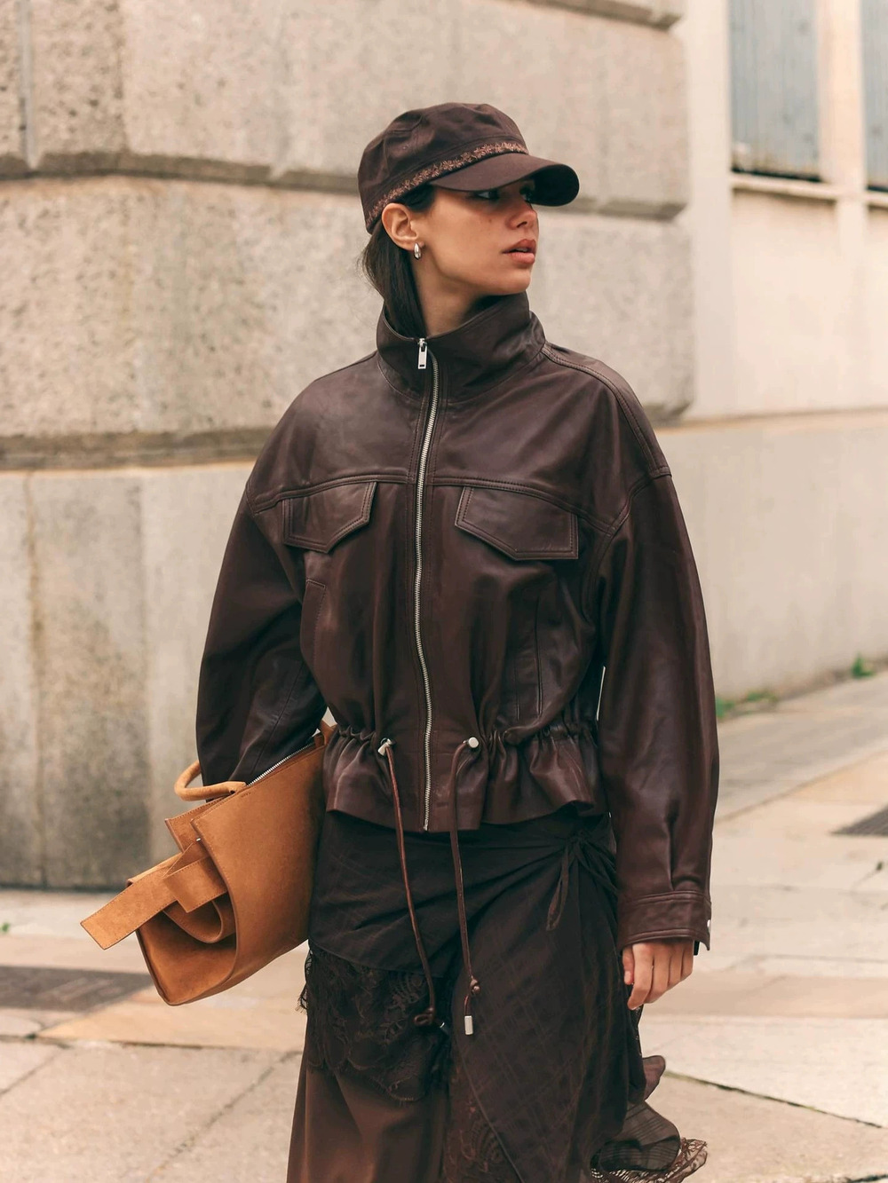 Zara Faux Leather Stand Collar Workwear Jacket Drawstring Waist Loose Biker